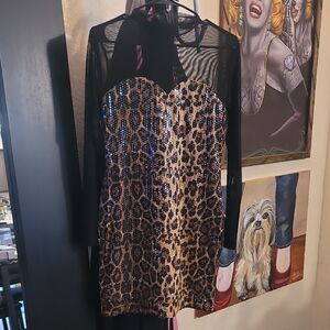 Leopard Print Sequin Dress with Black Mesh